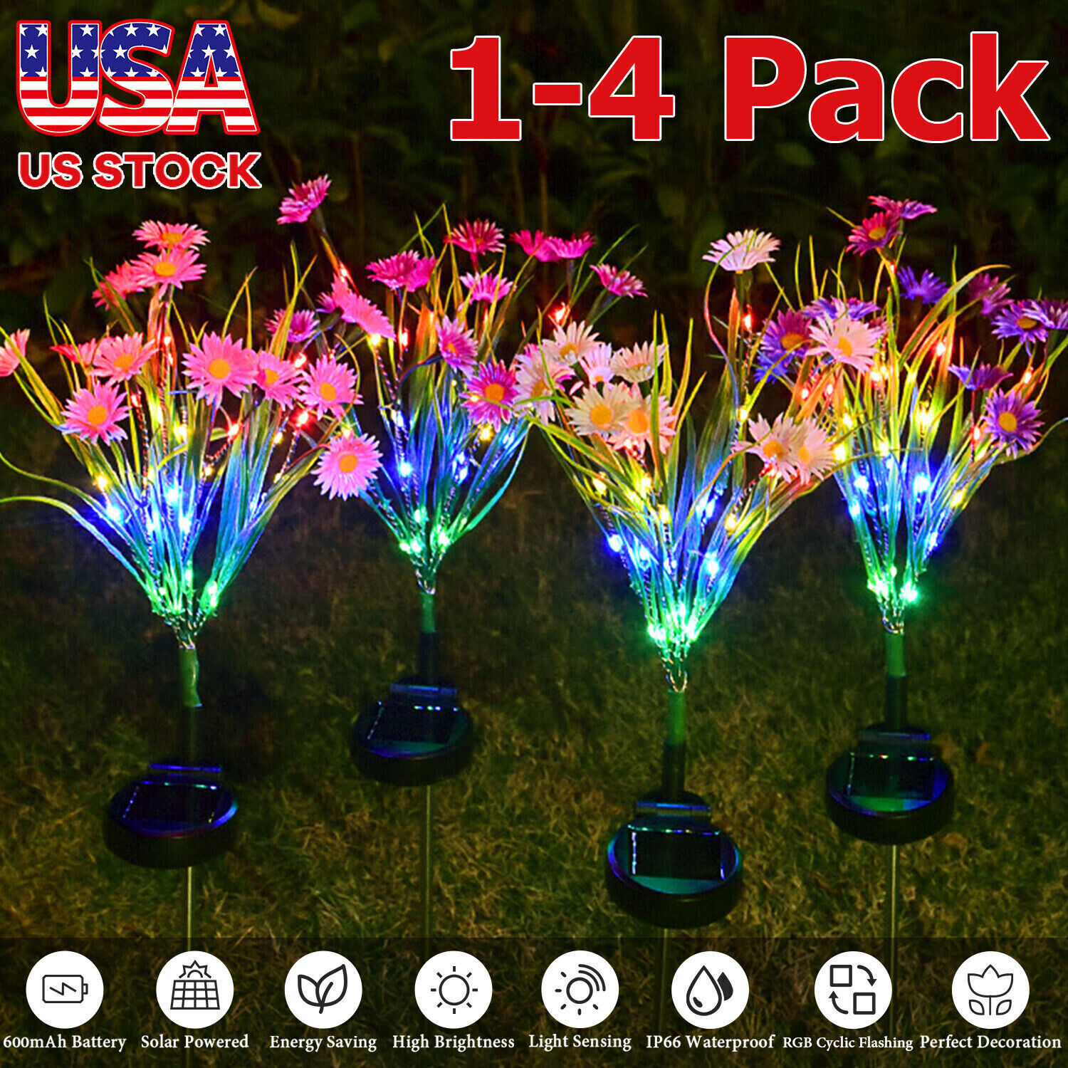 1-4Pack Solar Garden Lights LED Daisy Flower Stake Lamp Outdoor Yard Patio Decor gallery