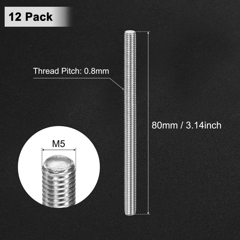 12-Pack Fully Threaded Rod, M5x80mm Stainless Steel Right Hand Thread Bar Studs gallery