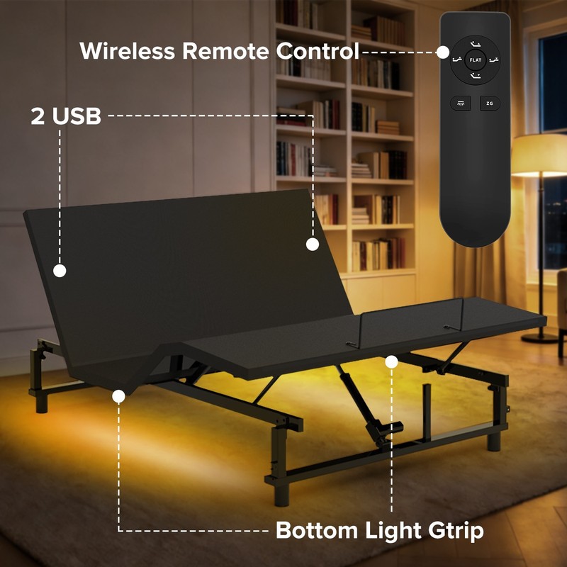 Queen Size Adjustable Bed Frame Bed Base with Head Foot Incline USB Ports Remote gallery