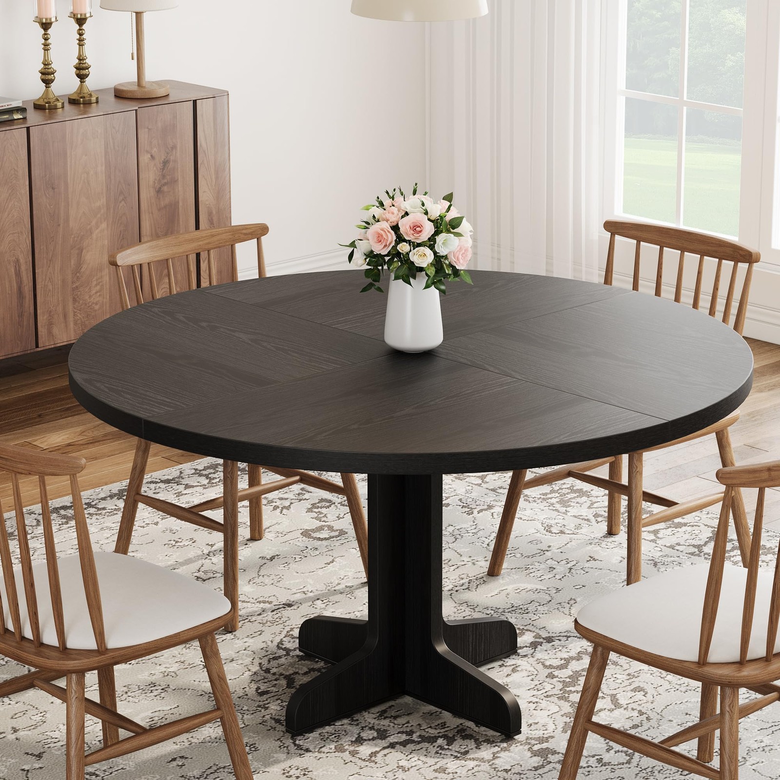 47 in Round Dining Table for 4-6 , Farmhouse Kitchen Table ,Dinner Table ,Black gallery