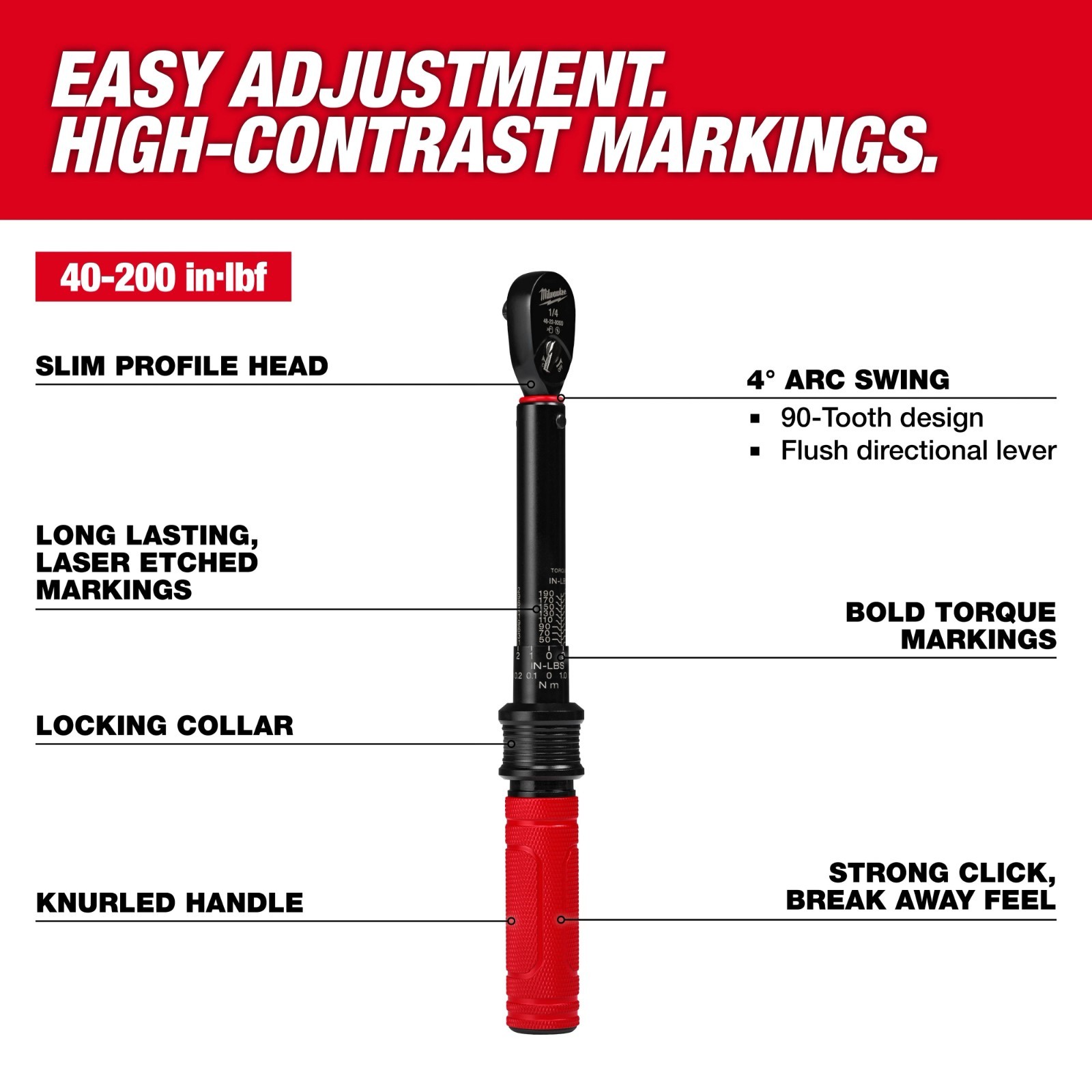 Milwaukee 48-22-9200 1/4" Drive Click Torque Wrench 40-200 in-lb Adjustable Tool gallery