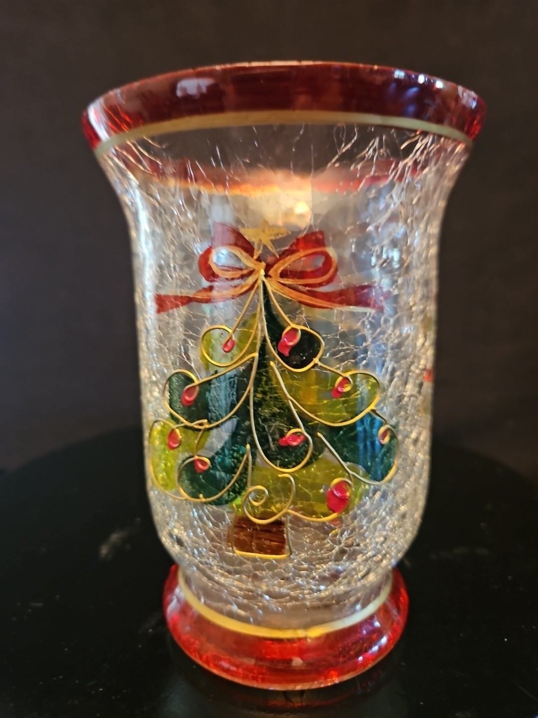 Crackle Glass Christmas Holiday Tree Hurricane Jar Candle Holder Vase 6" x 4.5" gallery