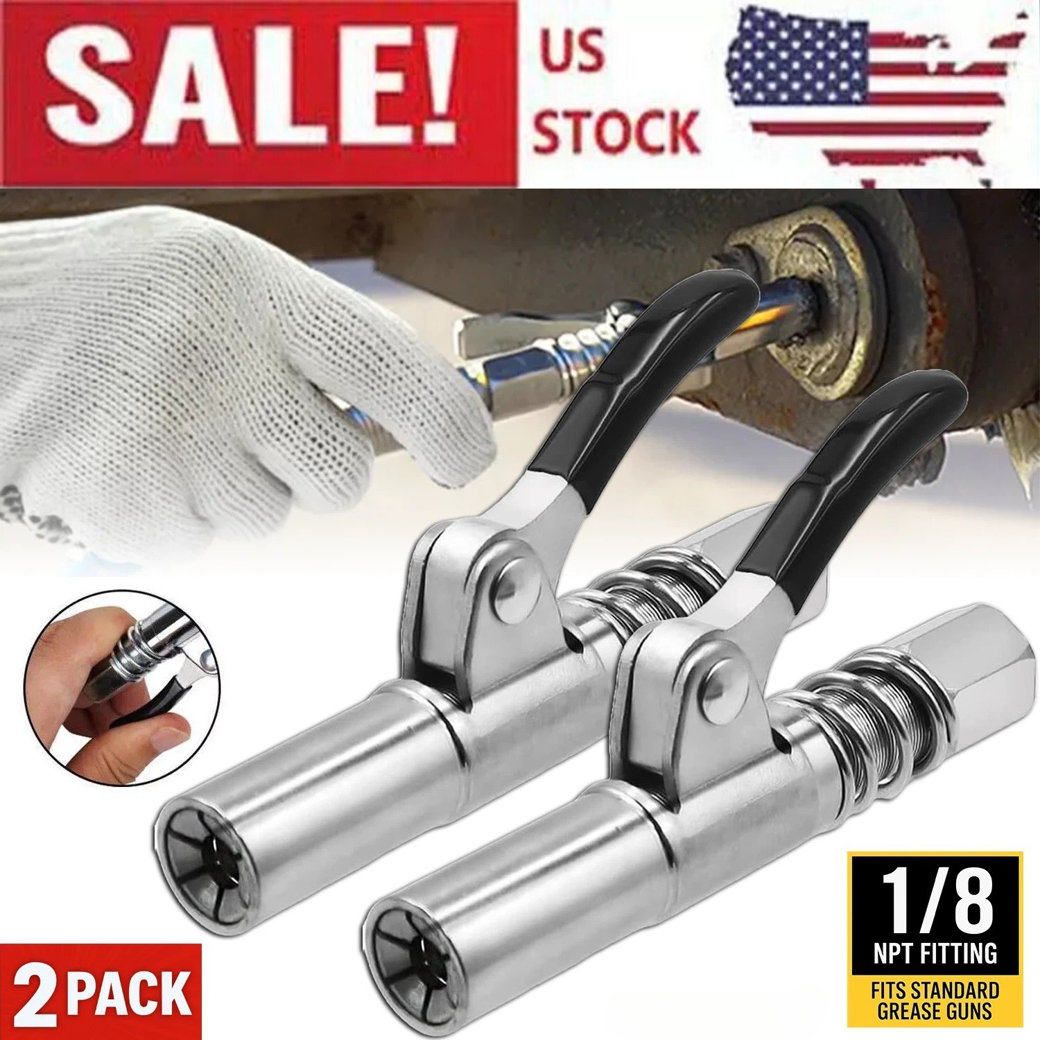 2 Pack Grease Gun Coupler High Pressure Quick Release Lock Oil Injection Nozzles gallery