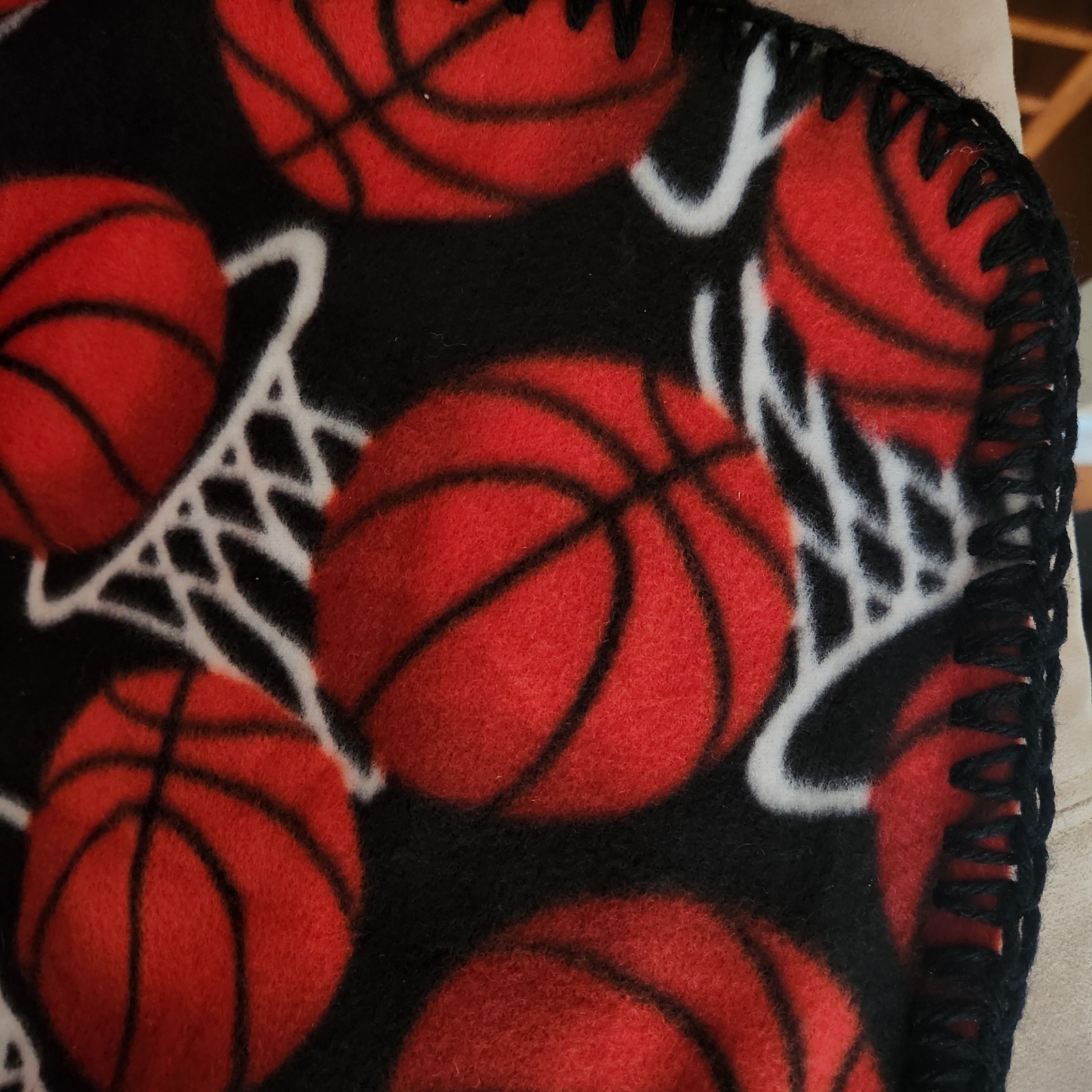 BASKETBALL Handmade Fleece Hand Crocheted Black Edge Blanket Throw NEW 50"×59" gallery