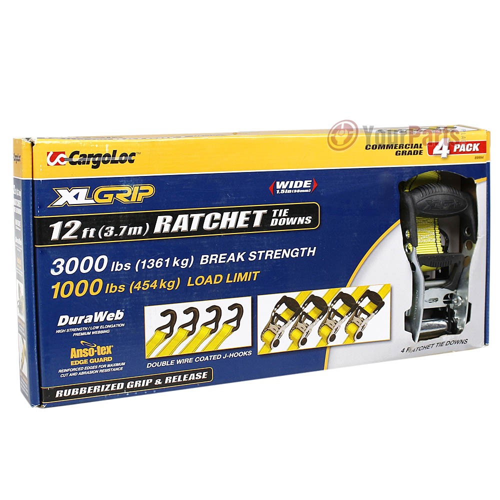 12 Ft Ratcheting Tie Down Straps 4 Pack XL Grip 1000lbs Load Limit S-Hook 89994 gallery