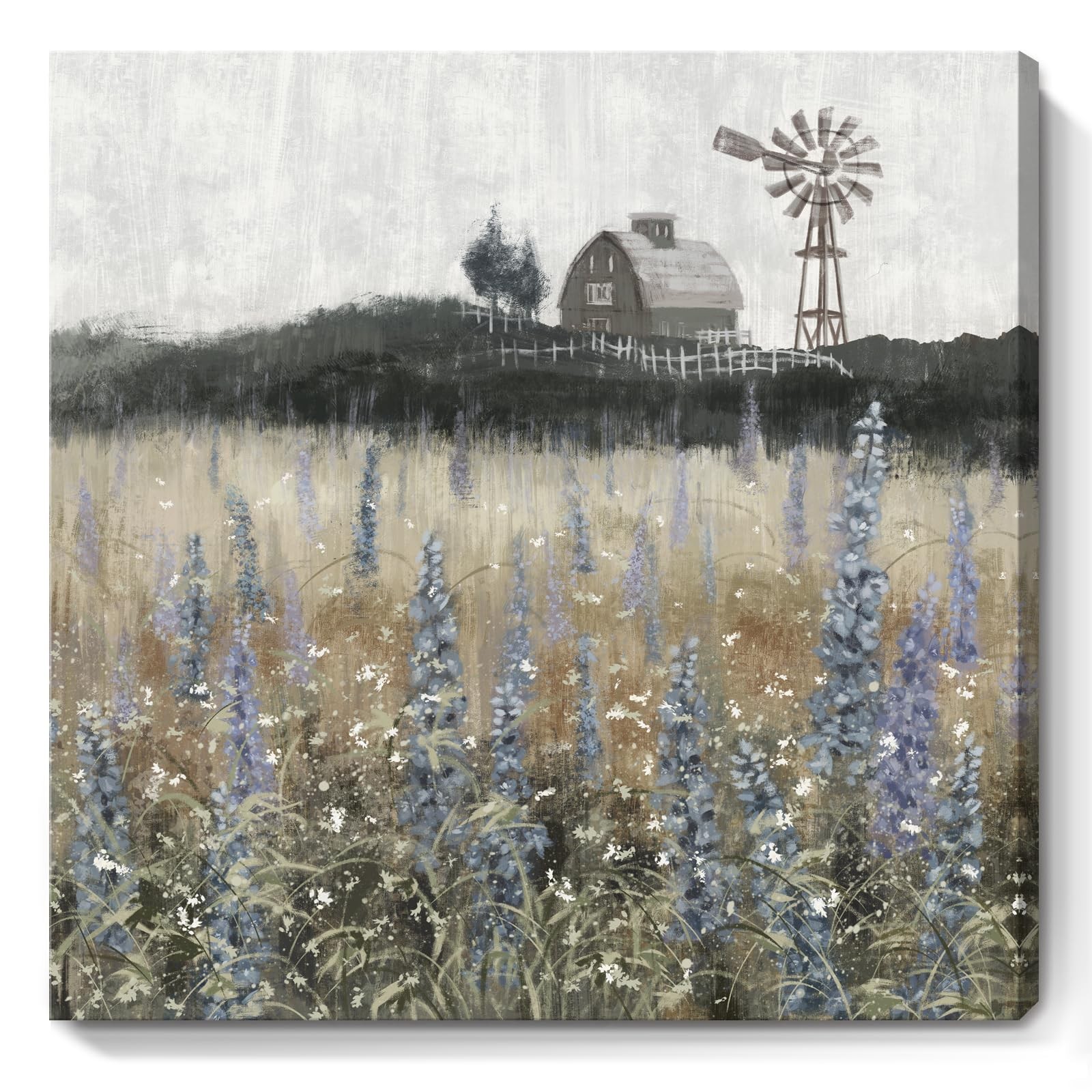 Vintage Farmhouse Canvas Print - Rustic Flower Field Landscape Art 14x14" gallery
