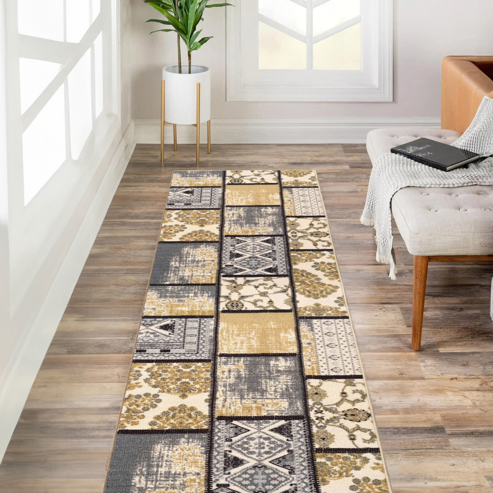 Custom Size Stair Hallway Runner Rug Rubber Back Non Slip Grey Patchwork gallery
