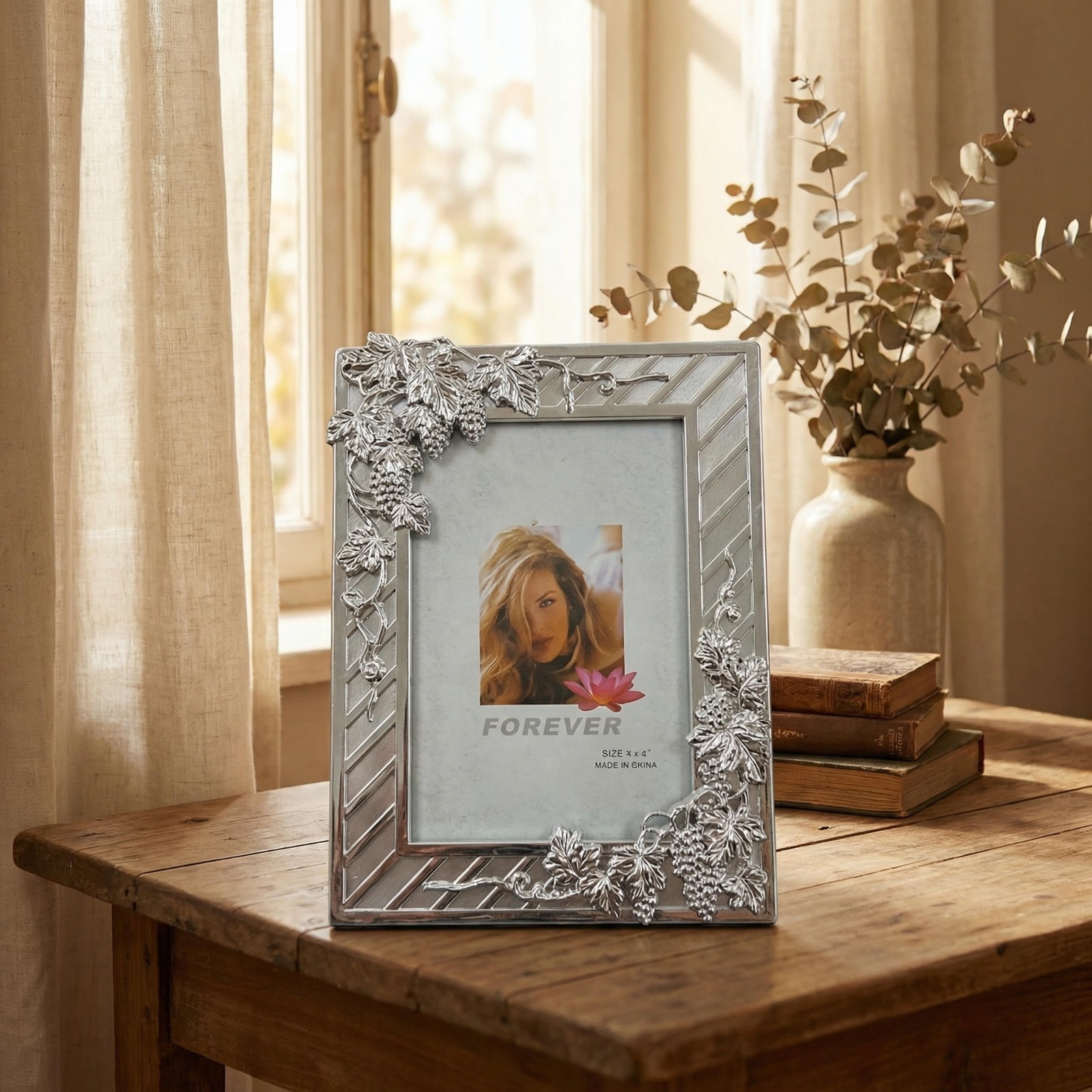 Silver Tone Floral Photo Frame – 4" x 6" – Decorative Vine & Grape Design gallery