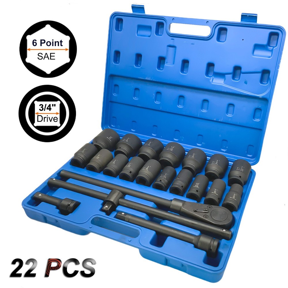 Impact Socket Set 22 PCs 3/4" Drive 6 Point SAE Master 7/8" inch-2" inch&13/16"