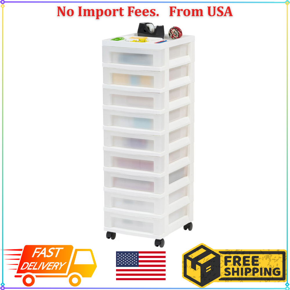 NEW IRIS 9-Drawer Narrow Plastic Storage Drawer Cart with Organizer Top, White