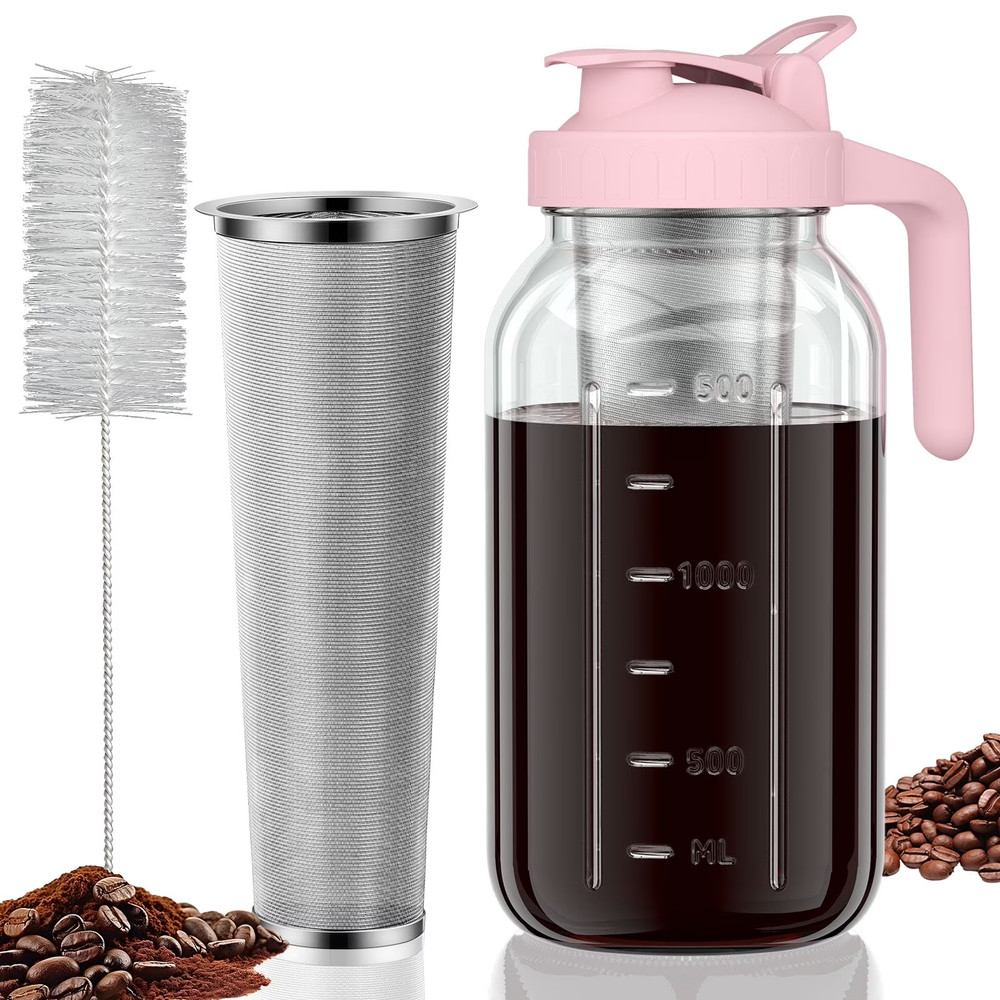 Cold Brew Coffee Maker 64oz Pitcher with Stainless Steel Filter Mason Pink
