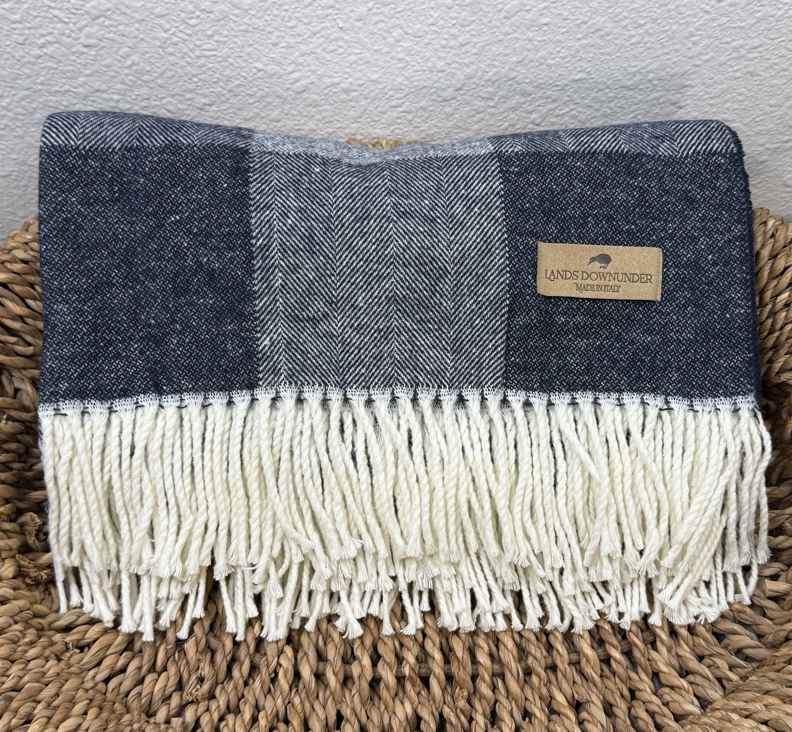 LANDS DOWNUNDER HAMPTON PLAID HERRINGBONE THROW BLANKET 51"x 67" NAVY BLUE gallery