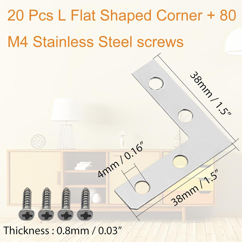 20Pcs Flat L Shape Bracket Flat Corner Brace Shelves,38x38mm Right Angle Corner gallery