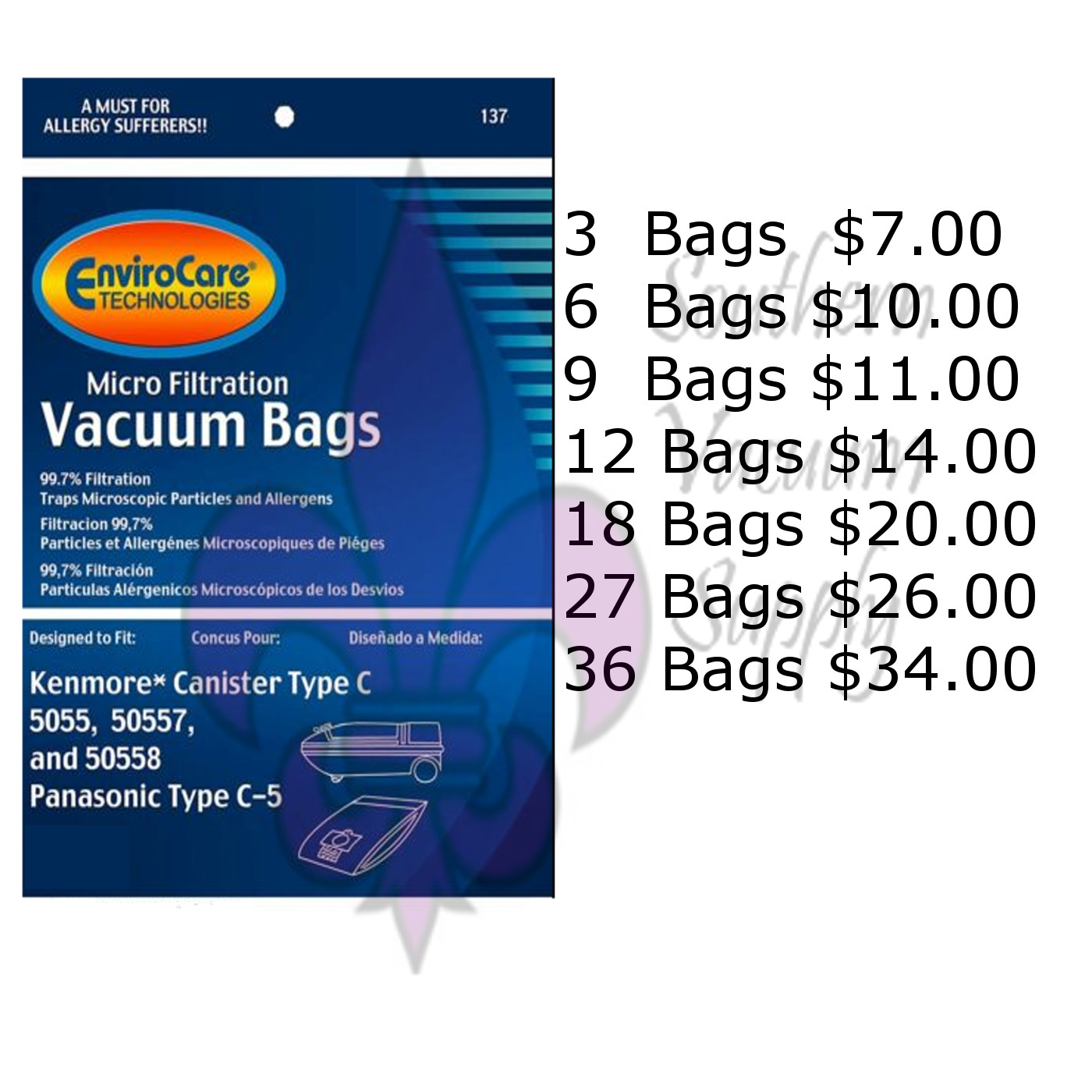 SEARS KENMORE TYPE C VACUUM BAGS FOR MODELS 5055, 50557 AND 50588 gallery