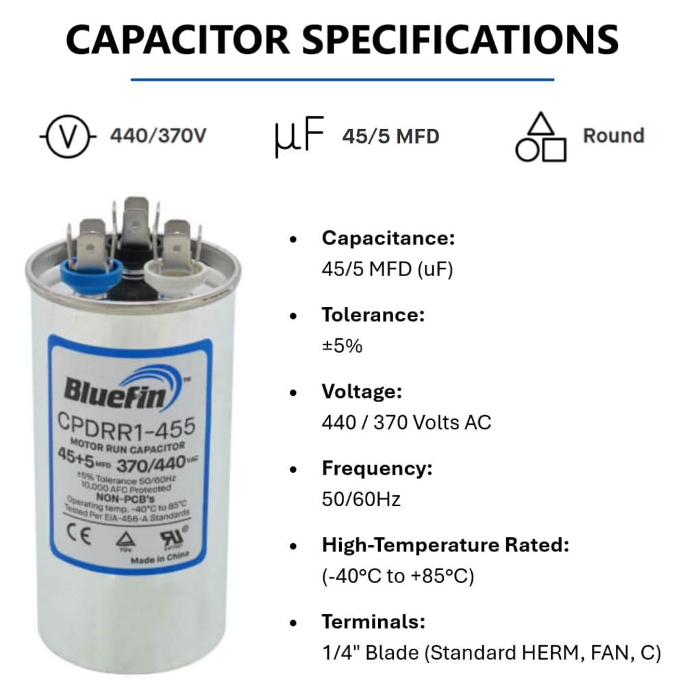 AC Capacitor 45/5 MFD 370/440V Kit | Round Dual Run for HVAC Air gallery
