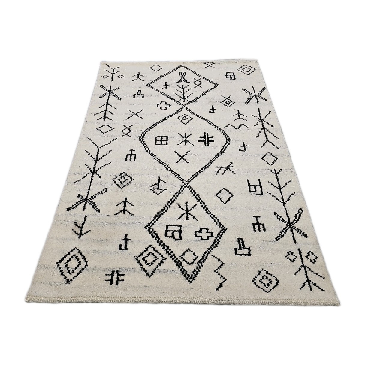 Hand-knotted 100% Wool Pile Moroccan Rug 3'7"×5'5" Ivory / Black gallery