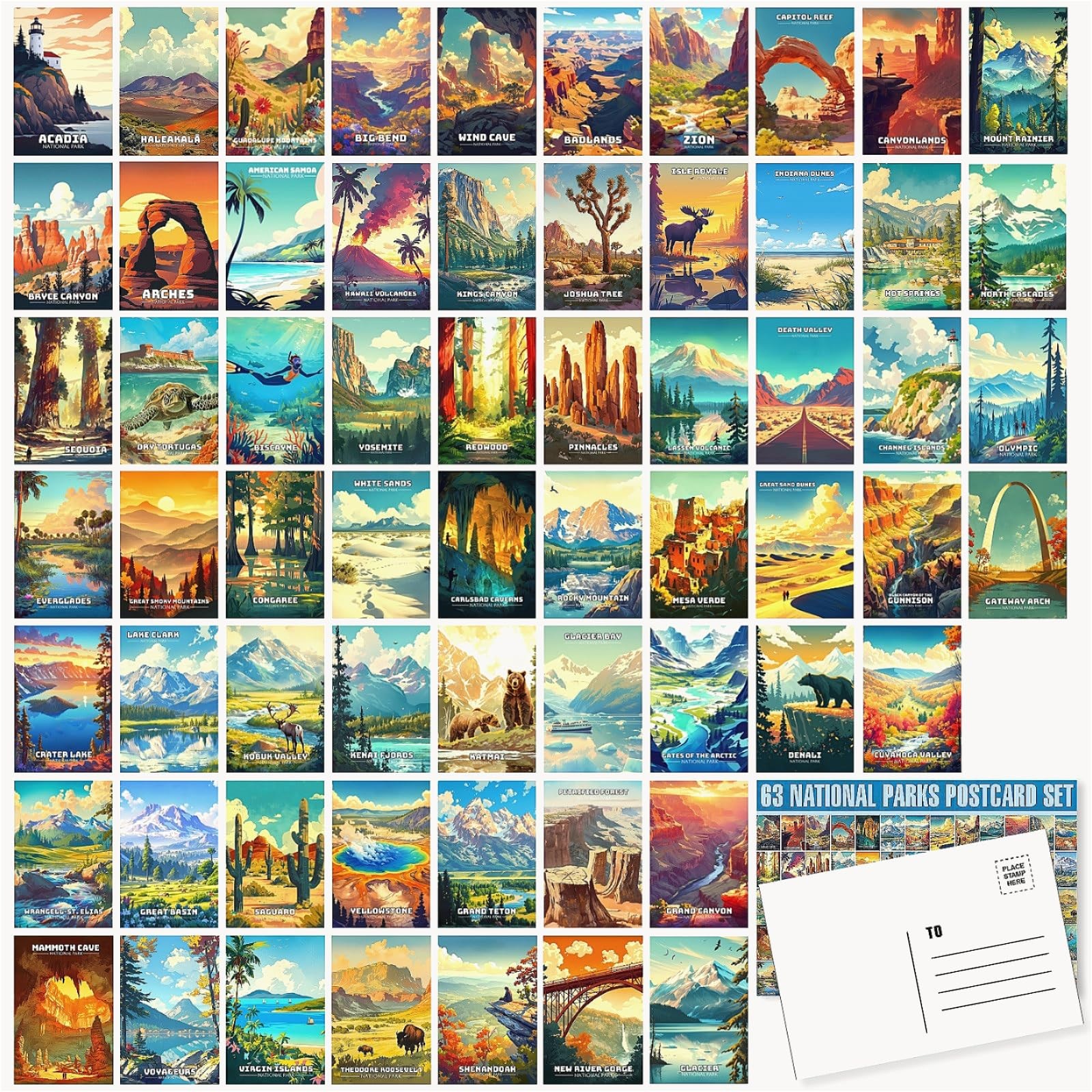 63 National Parks Postcard Set,Vintage Travel Posters Illustrations Postcards... gallery