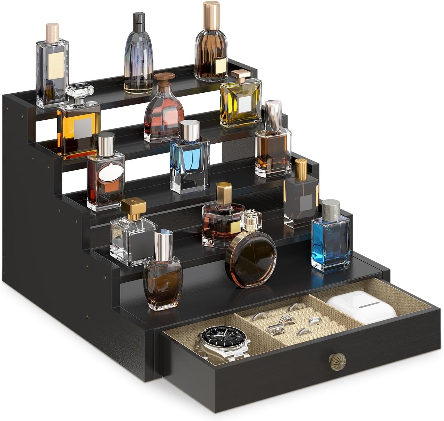5 Tier Cologne Organizer Wood Display Shelf Drawer Perfume Stand Black gallery