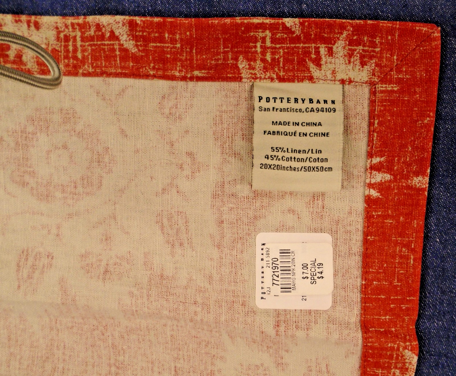 1 Pottery Barn Brick Red Rust Medallion Linen Cotton Blend Fabric Napkin 20" New gallery