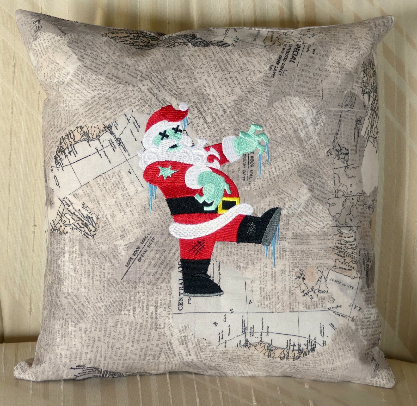Embroidered Zombie Santa Christmas Pillow, 13.5x13.5" Zippered opening 2 Options gallery