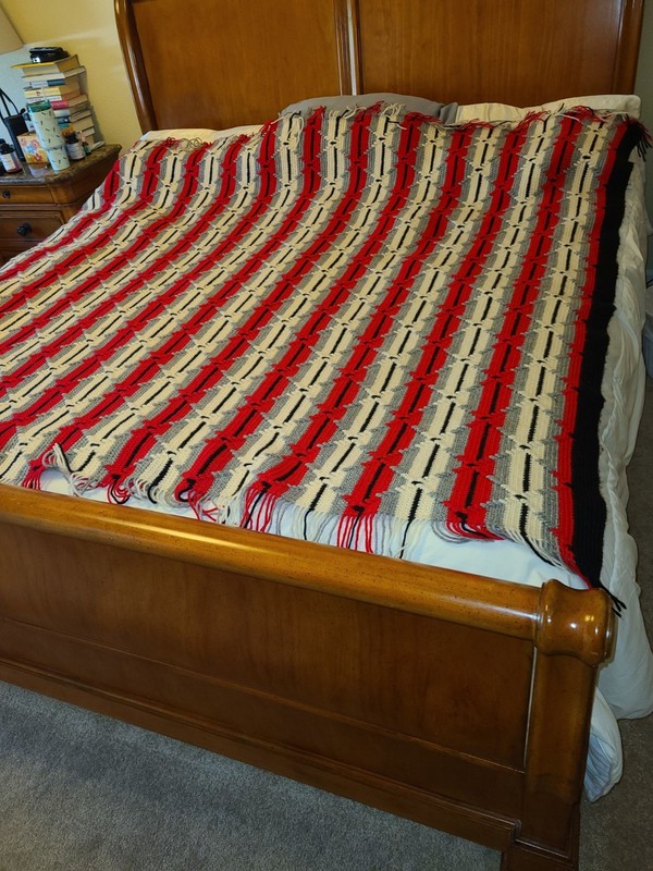 Handmade Crochet Extra Large Afghan Blanket Bedding. Red, Black, Grey, White. gallery