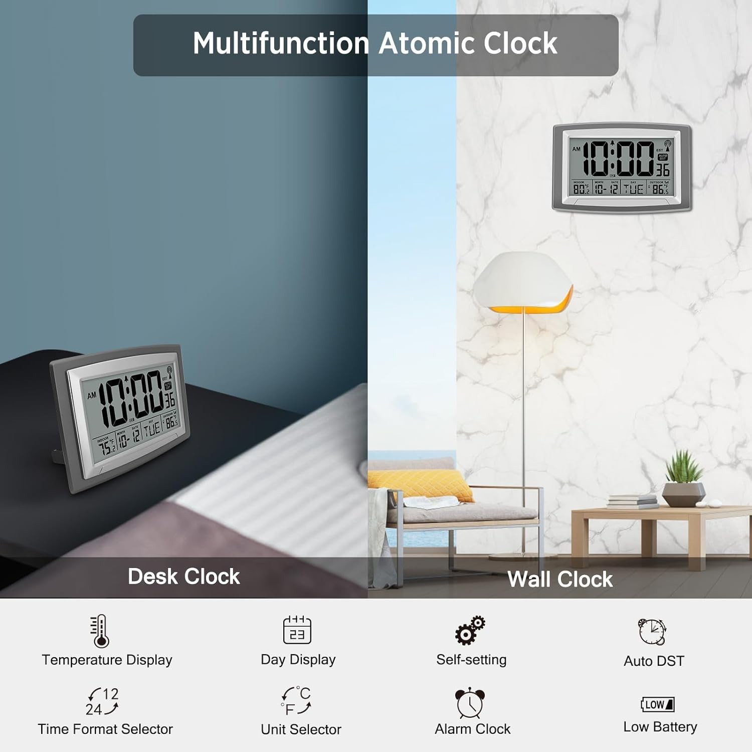WallarGe Atomic Clock with Outdoor and Indoor Temperature - 12.5 Inch Self-Setti gallery