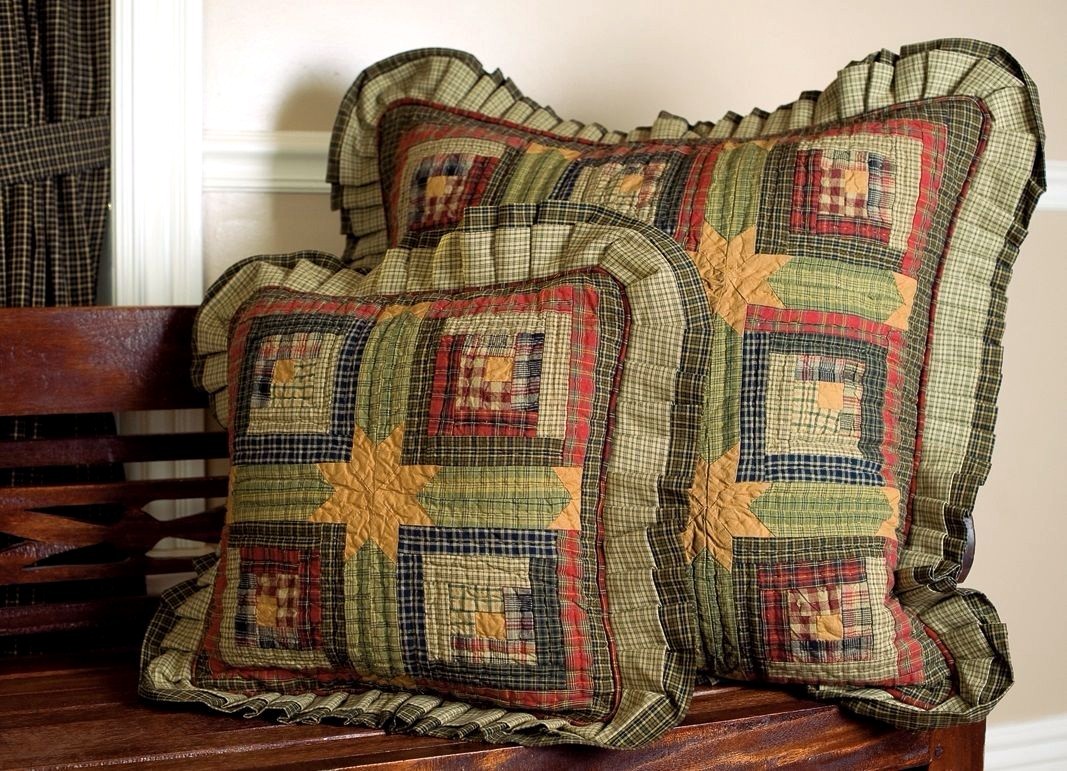 Tea Cabin Hand Quilted Patchwork Pillow Country Green Red Yellow 16" Filled gallery