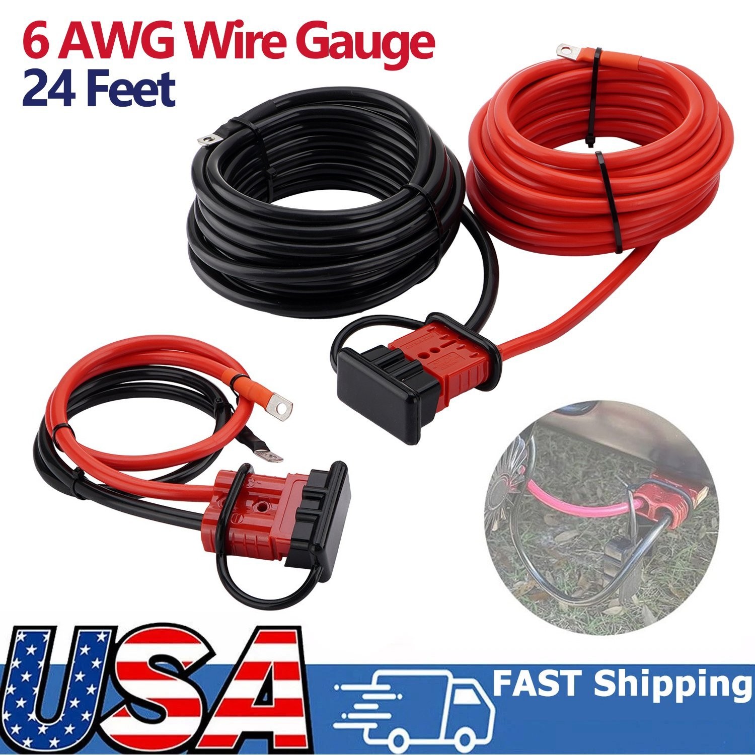 24 Feet Quick Disconnect Winch Power Cable 6 AWG Copper Wiring For Winch Trailer gallery