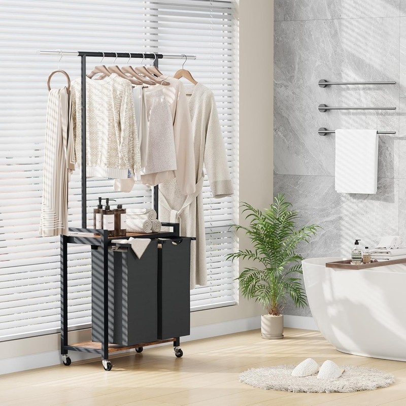 Rolling Laundry Cart with Hanging Rack & Utility Shelf Sorter-2 Bags with Wheels gallery
