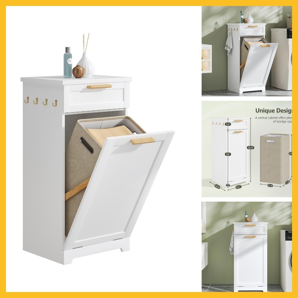 VECELO Tilt Out Laundry Hamper, 35" Bathroom Cabinet with Hidden Removable Baske