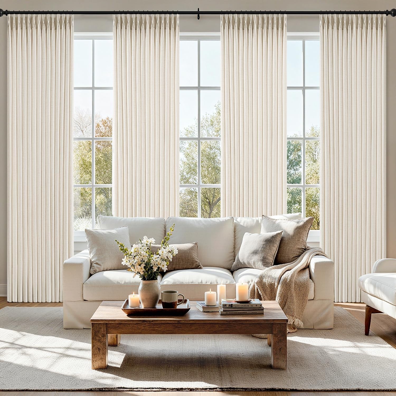 Pinch Pleated Thick Linen Curtains 94 Inches 4 Panels Set Ivory Cream Back Tab gallery