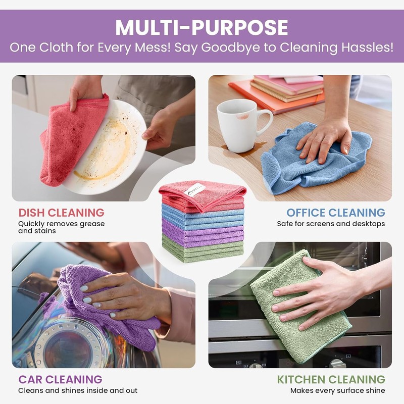 Microfiber Cleaning Cloth, 12 Pack Assorted Color Cleaning Rags for Housekeeping gallery
