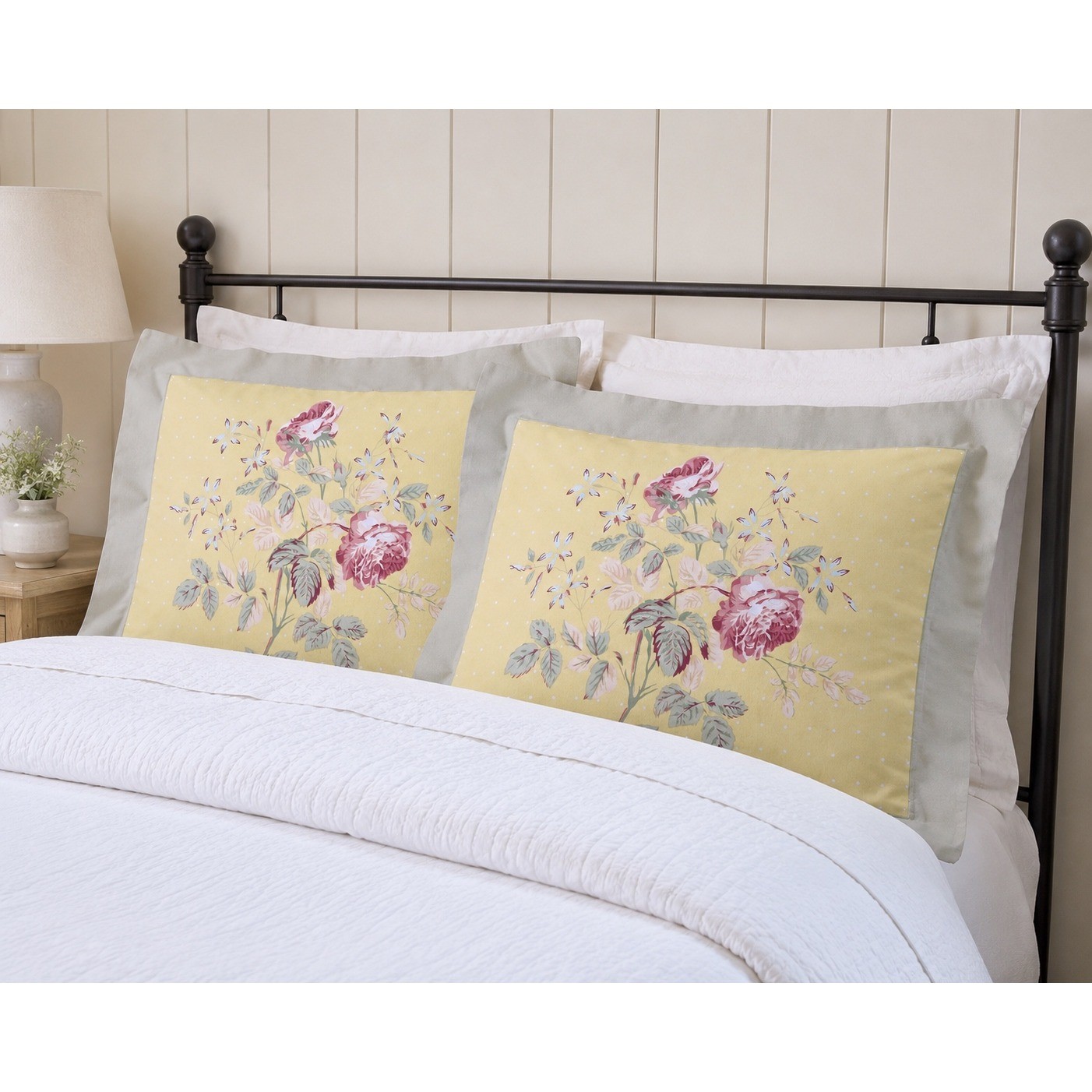 Pair Cottage Floral Full Size Pillow Shams Yellow Rose Sage Green Traditional gallery