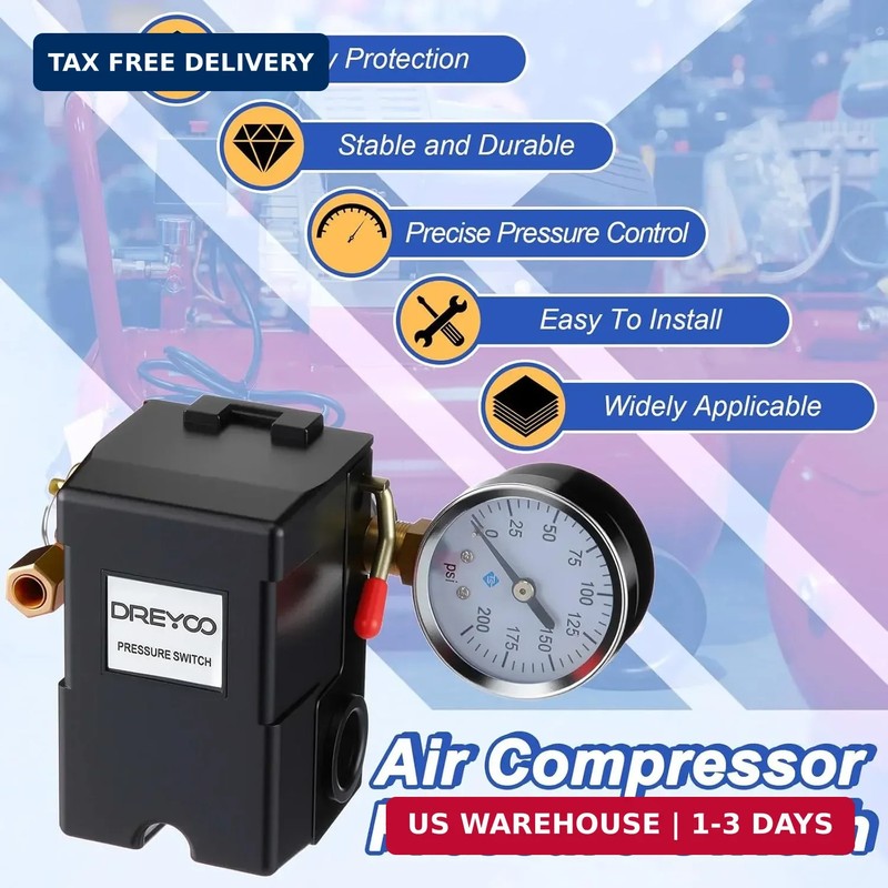 Dreyoo Air Compressor Pressure Switch 135-175 4-Port 20 Amp with 0-200 PSI Gauge gallery