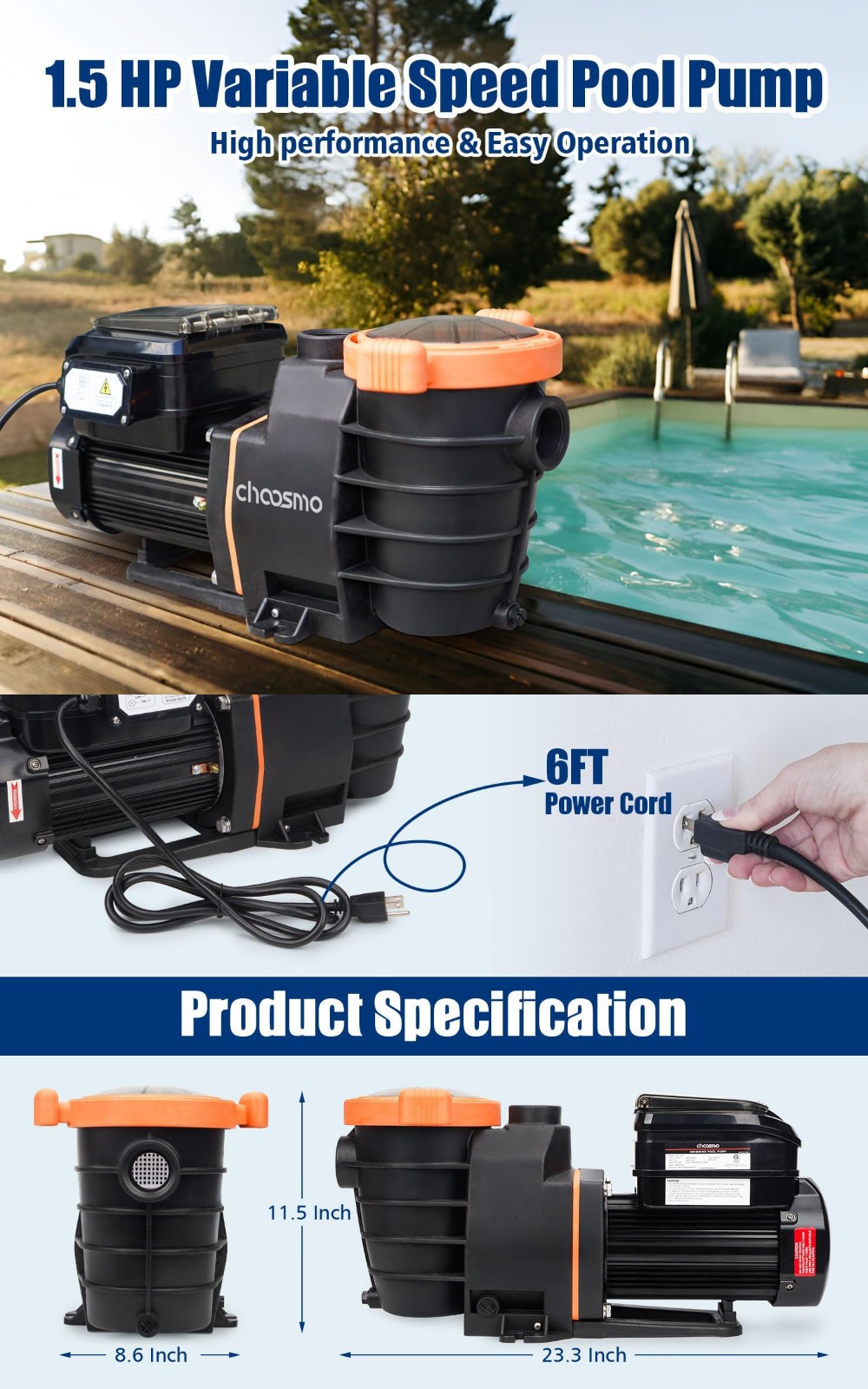 1.5HP 5070GPH Variable Speed Self Priming Pool Pump, Control Pane &App Control gallery