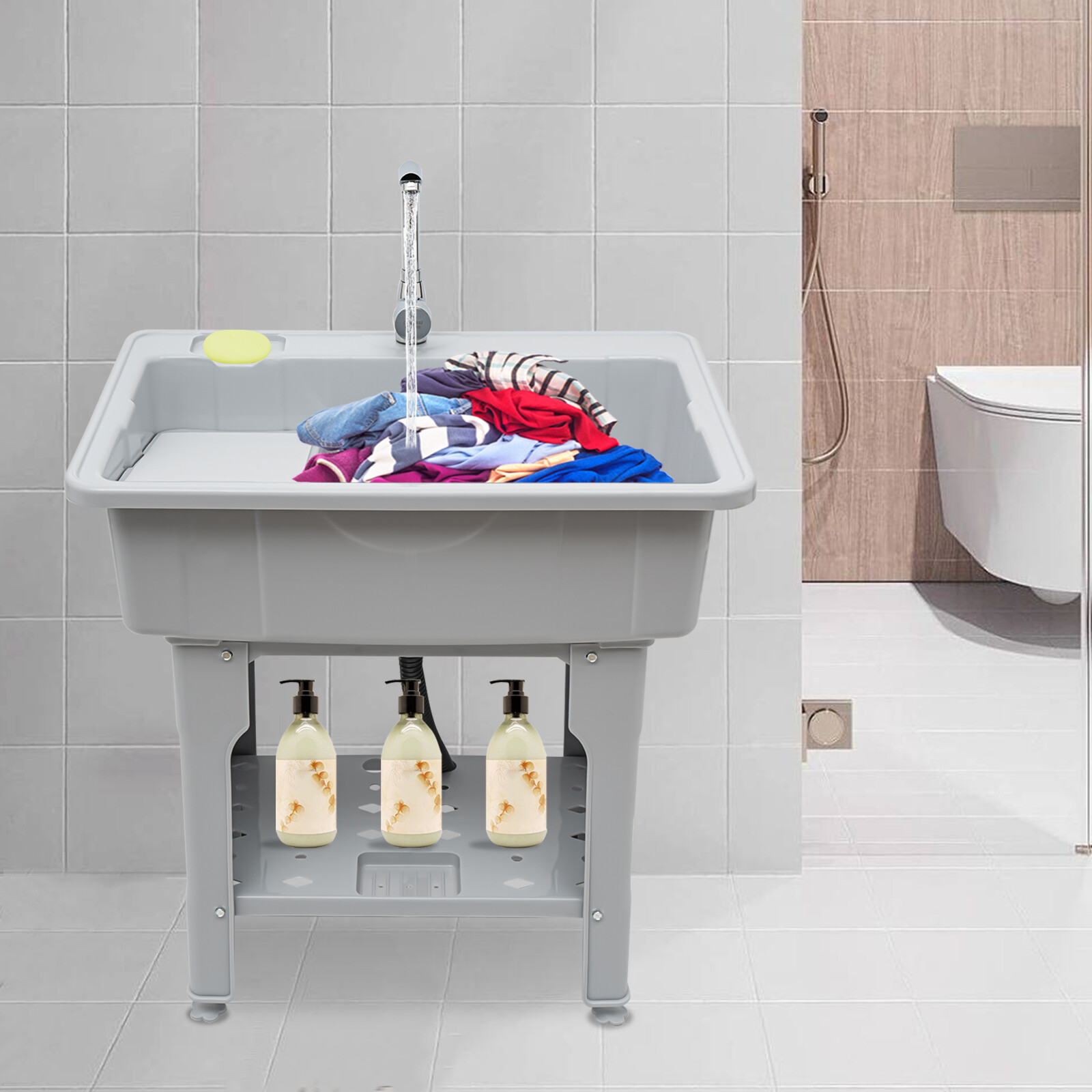 Spacious GrayUtility Sink Laundry Tub Freestanding Sink Wash Station W/ Faucet gallery