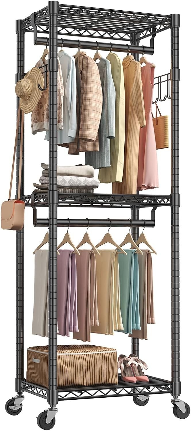 3 Tier Adjustable Wire Shelving Clothes Rack Double Rod Mobile Garment Organizer gallery