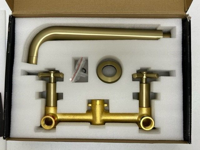 Cross Double Handle Wall Mount Roman Tub Faucet with Valve in Brushed Gold gallery