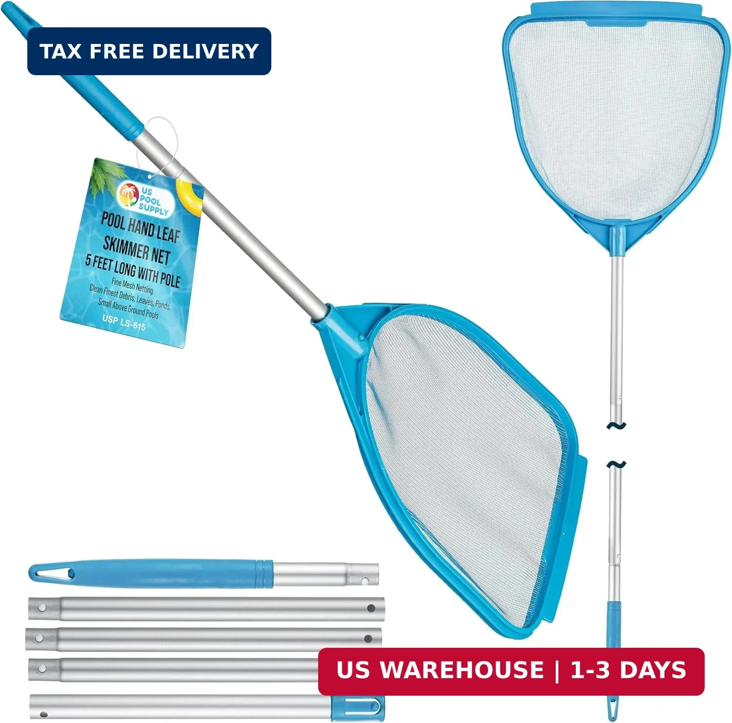 U.S. Pool Supply Pool and Spa Skimmer Net with Pole, Handheld Fine Mesh Pool Ski gallery