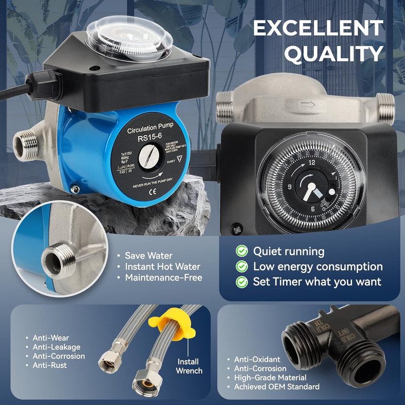 Hot Water Recirculating Pump Kit for Tank Water Heaters – Programmable Timer, Tw gallery