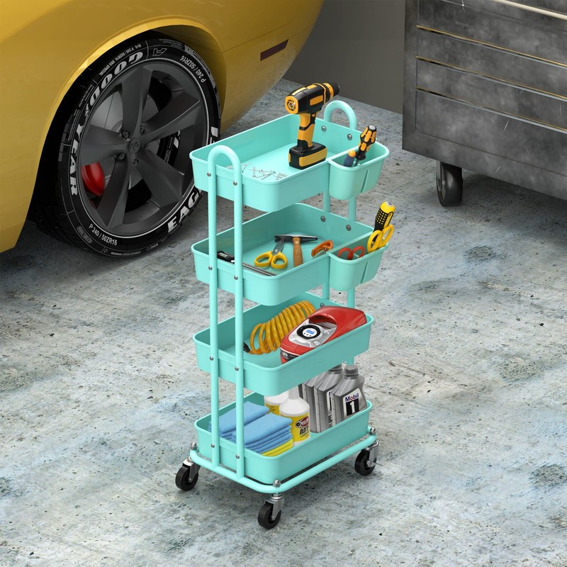 4-Tier Multifunctional Rolling Utility Cart with Hanging Buckets, Turquoise gallery