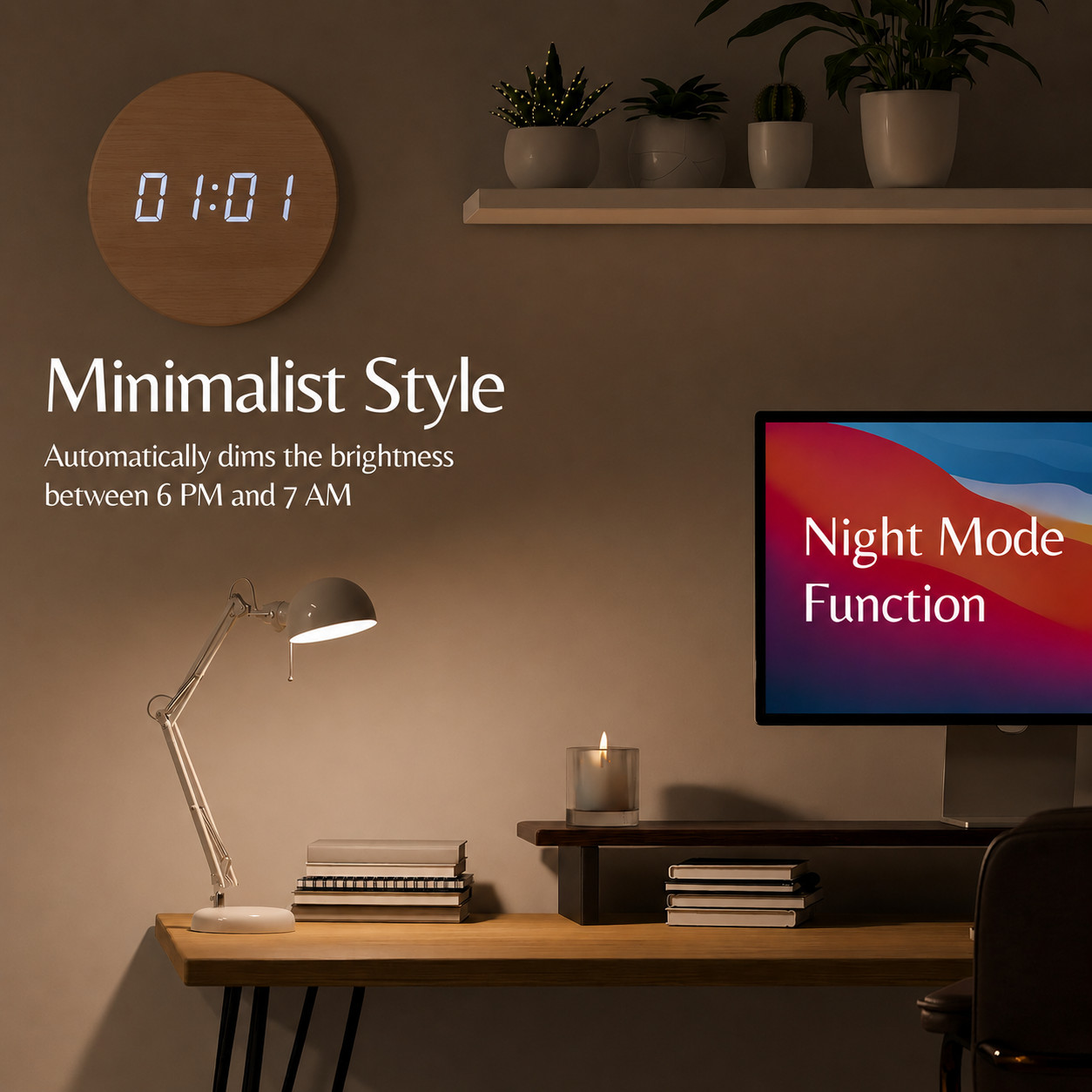 Minimalist LED Digital Wall Clock, Wood, Round, with Night Mode, 12/24 Hour, New gallery