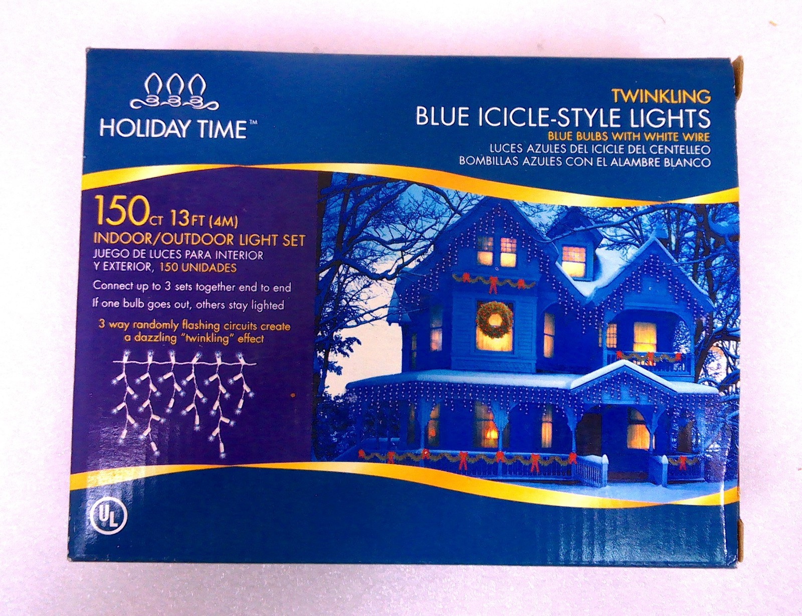 Holiday Time 150 Blue Randomly Twinkling Icicle Lights White Wire Indoor/Outdoor gallery