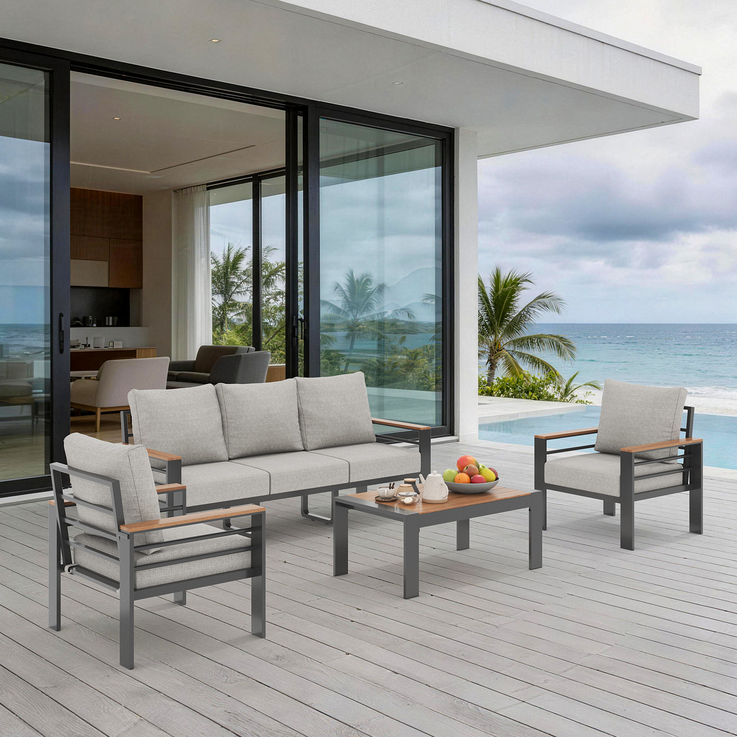 4-Piece Gray Exposed Tube Patio Sofa Set 2 Single&Double&Table gallery