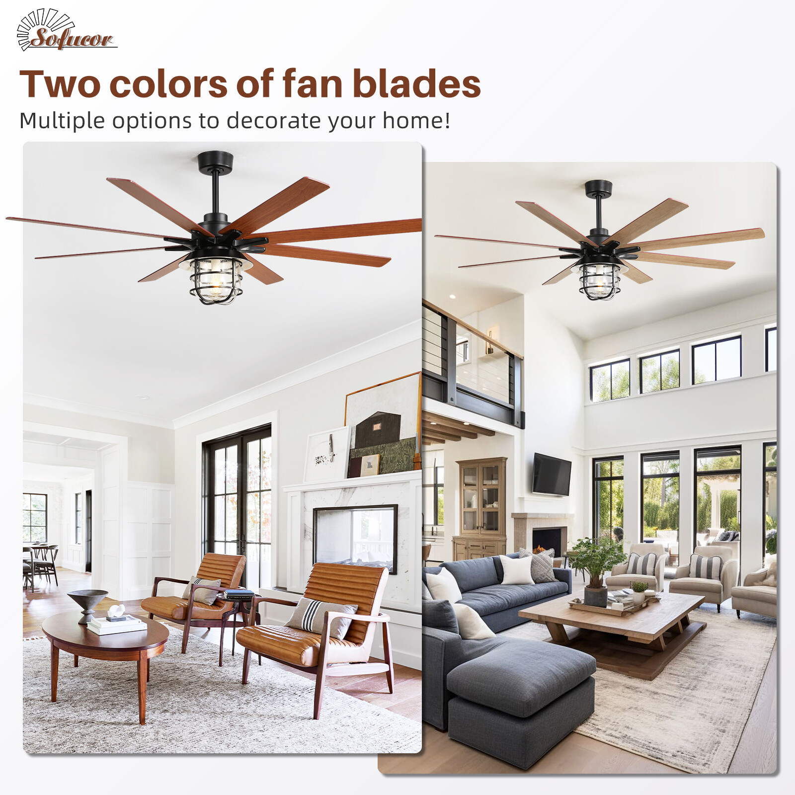 Large 66in Glass Lampshade Ceiling Fan with Remote/8 Wood Blades for Farmhouse gallery