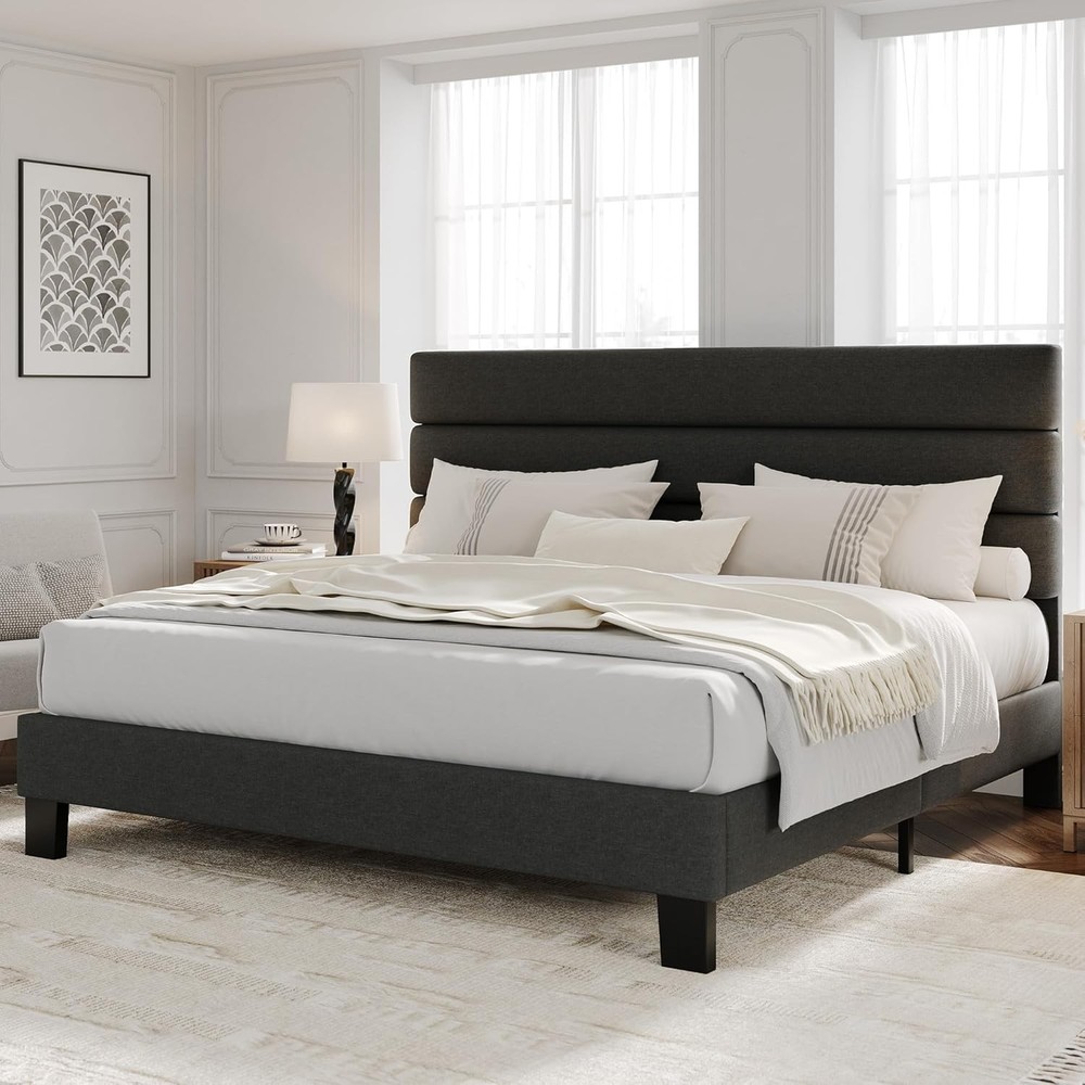 King Size Platform Bed Frame W/Adjustable Headboad Upholstered Wooden Slats New