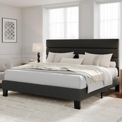 King Size Platform Bed Frame W/Adjustable Headboad Upholstered Wooden Slats New