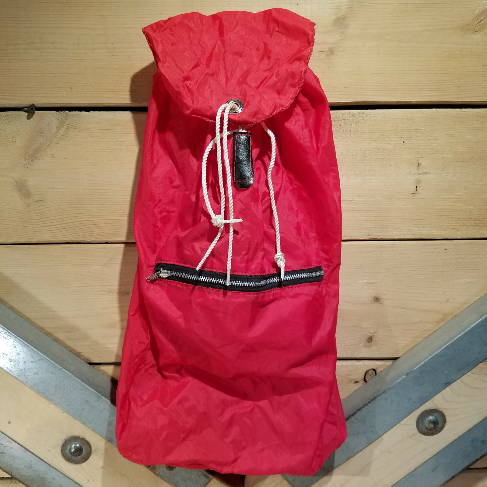 Red Polyester Drawstring Backpack Tear Drop w Leather Accents - Swanky Barn