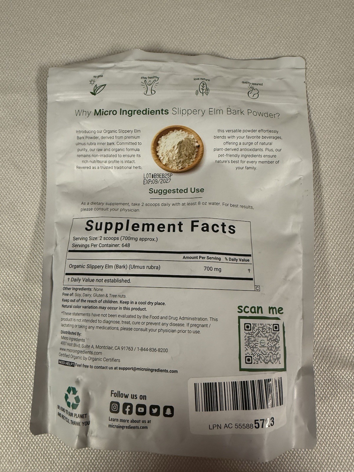 Micro ingredients Organic Slippery Elm Bark Powder 1 lb Non-GMO 648 Servings gallery