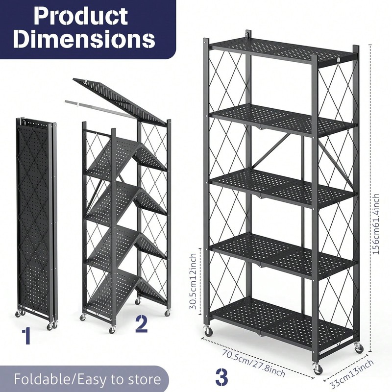 3/4/5Tier Foldable Storage Shelves With Wheels Metal Wire Shelf Rack No Assembly gallery